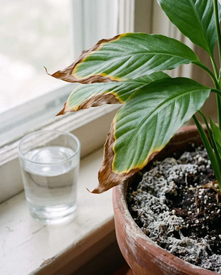 Close view of peace lily leaves with crisp brown tips and edges and a white crust on the soil