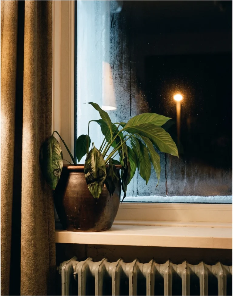 A peace lily with darkened water-soaked leaf patches beside a cold window on a winter night