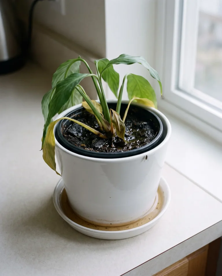 A drooping peace lily with yellowing lower leaves in soggy dark soil and a water-filled saucer