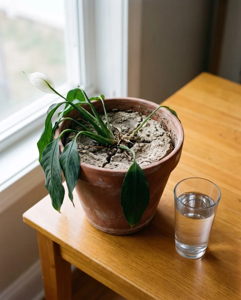 A peace lily drooping dramatically with limp green leaves over dry pale potting mix