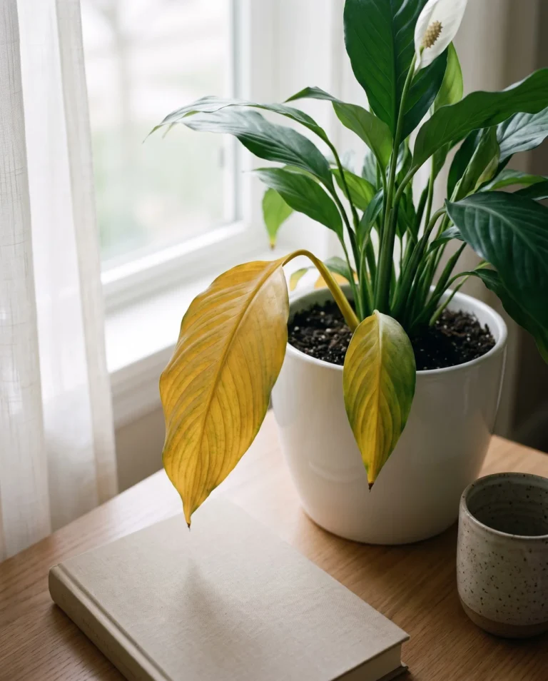 A peace lily with one fully yellow lower leaf among green leaves in a bright room