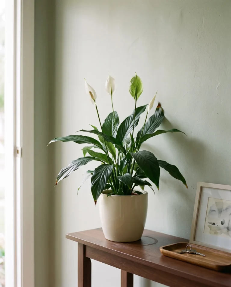 An Allison peace lily with medium dark leaves and white spathes on a hallway table in soft light