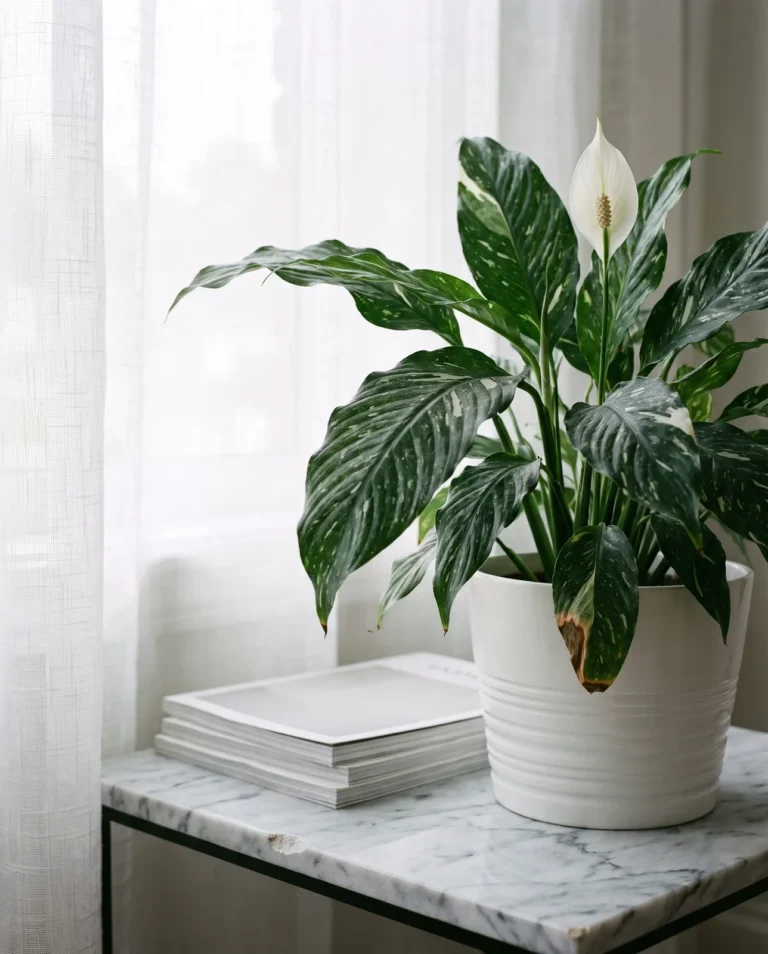 A variegated Domino peace lily with white-speckled leaves and a white spathe near a window
