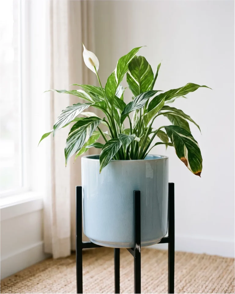 A Gemini peace lily with white-striped variegated leaves and a spathe on a plant stand