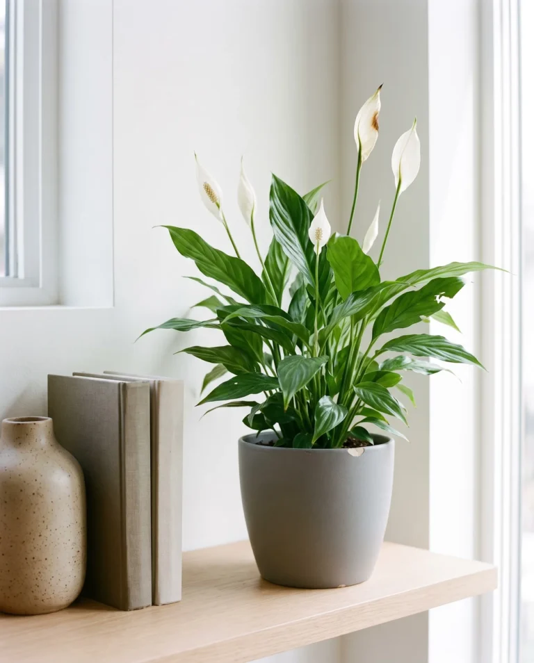 A Jetty peace lily with neat glossy leaves and many white spathes in a grey pot on a shelf