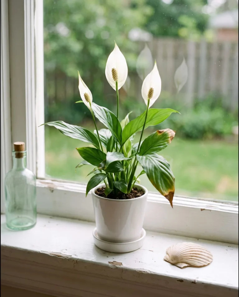 A small Little Angel peace lily with compact leaves and white spathes in a pot on a windowsill