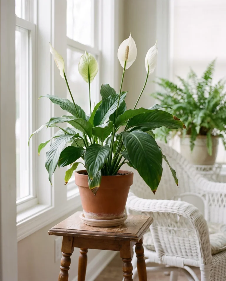 A Mauna Loa peace lily with broad leaves and several large white spathes in a terracotta pot