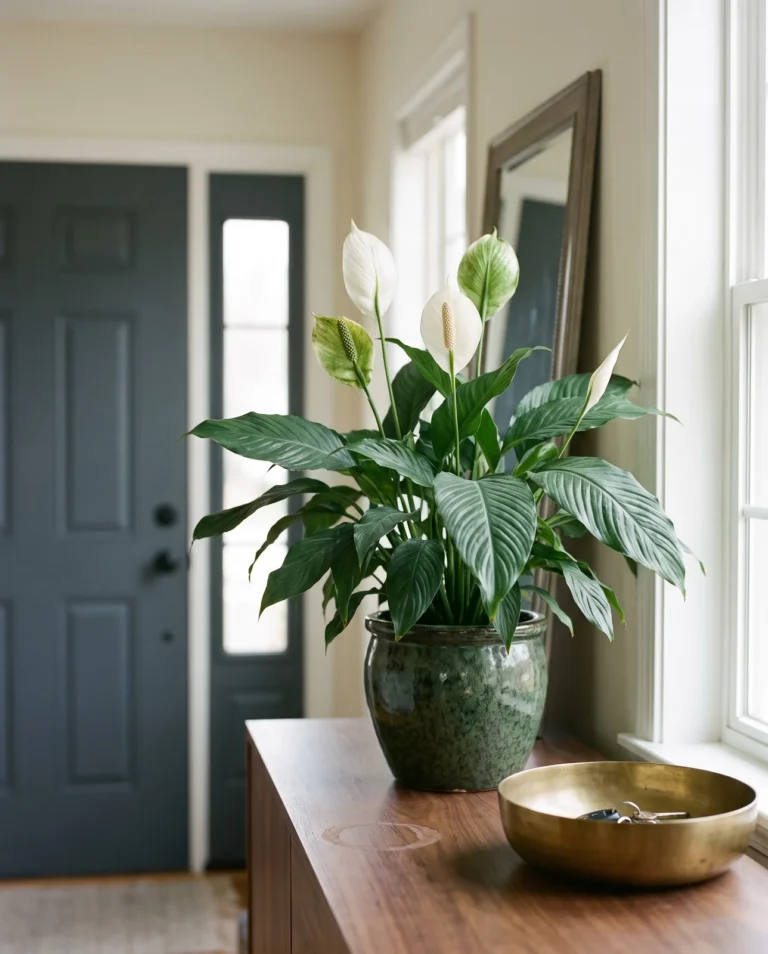 A Mauna Loa Supreme peace lily with large leaves and wide spathes on an entryway console