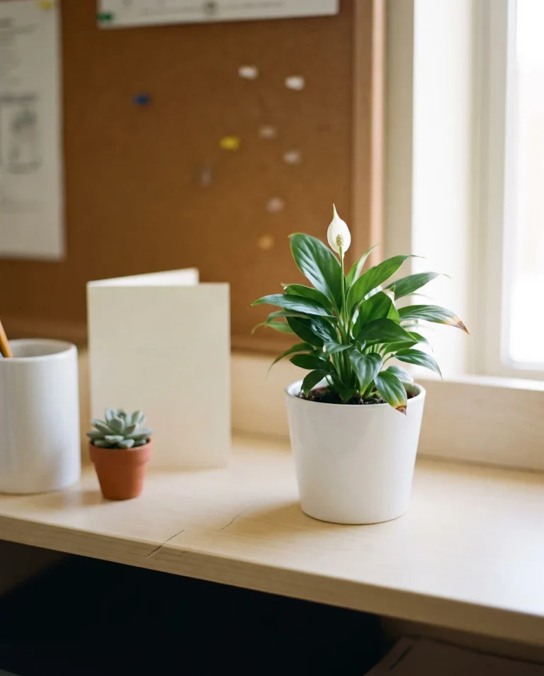 A tiny Petite peace lily in a four-inch pot with a single white spathe on a desk shelf