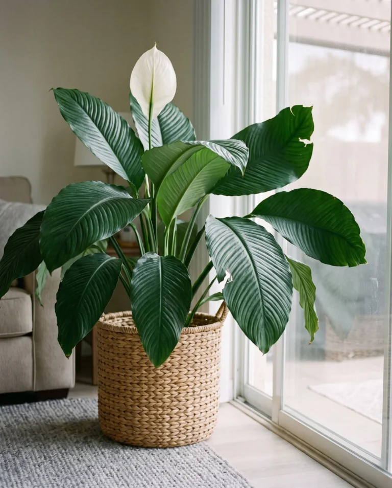 A giant Sensation peace lily with huge ribbed leaves standing on a living room floor by a glass door