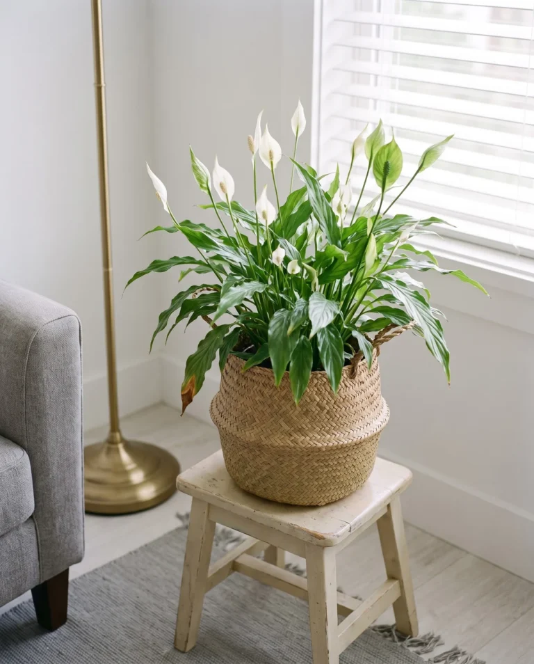 A Starlight peace lily with narrow wavy leaves and many small white spathes in a basket pot