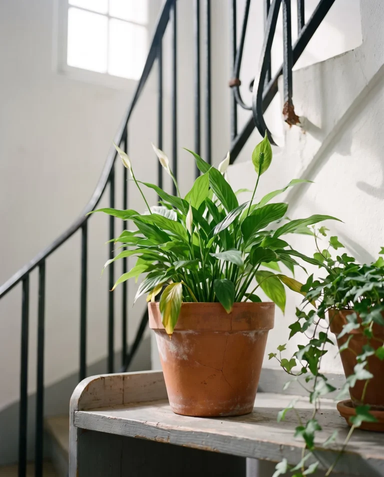 A compact Spathiphyllum wallisii with smaller leaves and small white spathes in a clay pot on a shelf