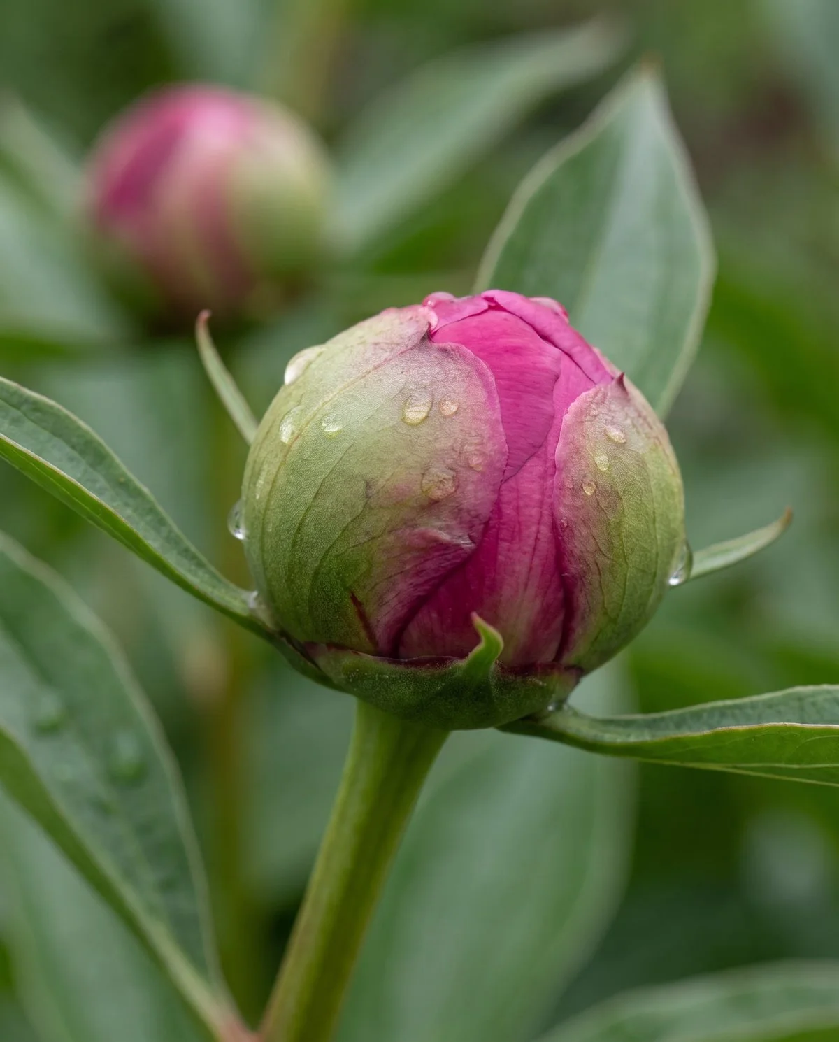 A healthy peony bud at full size showing colour, soft and about to open