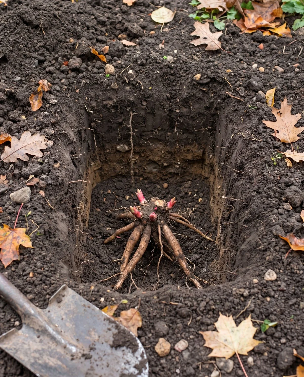 A bare-root peony division set in an open hole with its pink eyes sitting just below the soil line