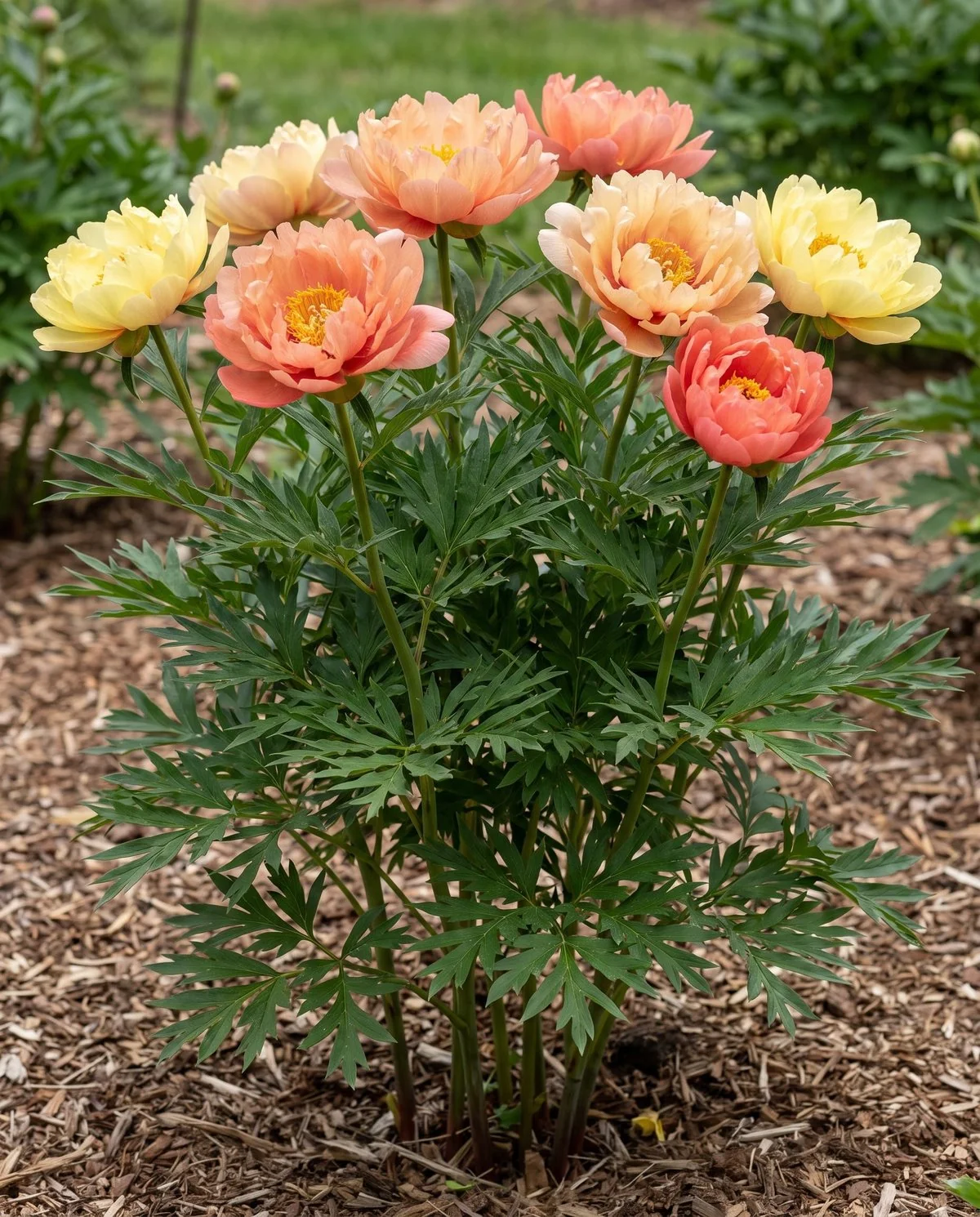 An intersectional Itoh peony carrying its flowers on stiff upright stems above deeply cut foliage