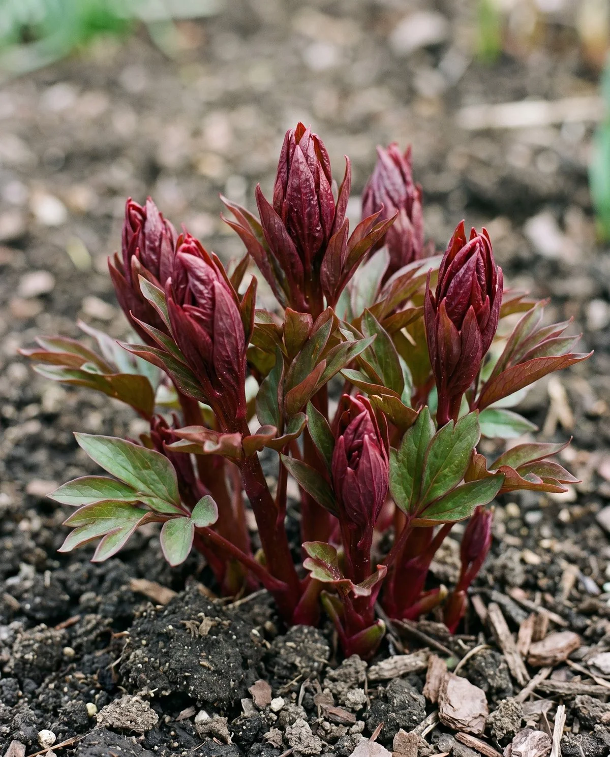 Deep red peony shoots pushing through bare spring soil, thick and firm with leaves beginning to unfurl