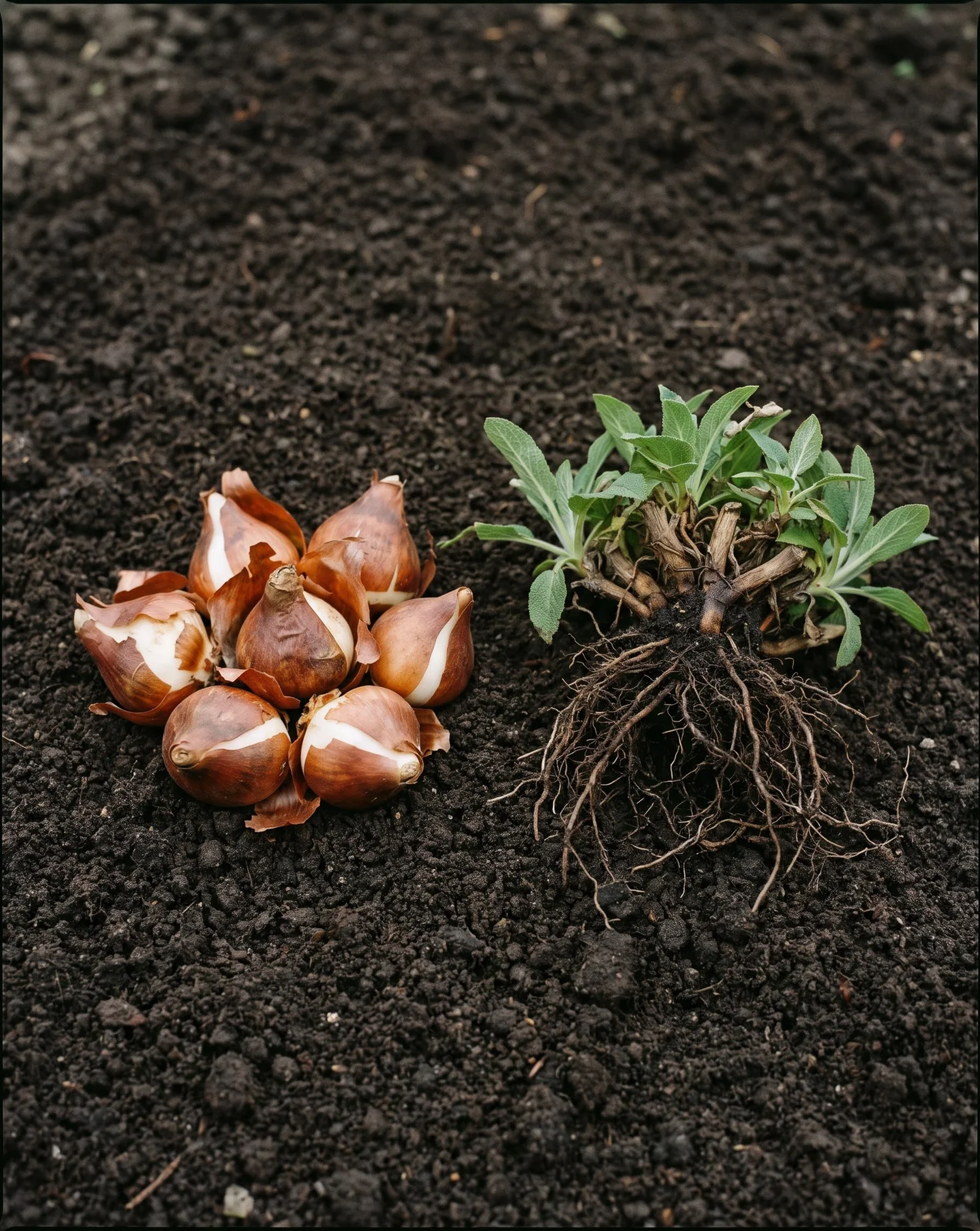 Tulip bulbs next to leafy perennial crown on garden soil