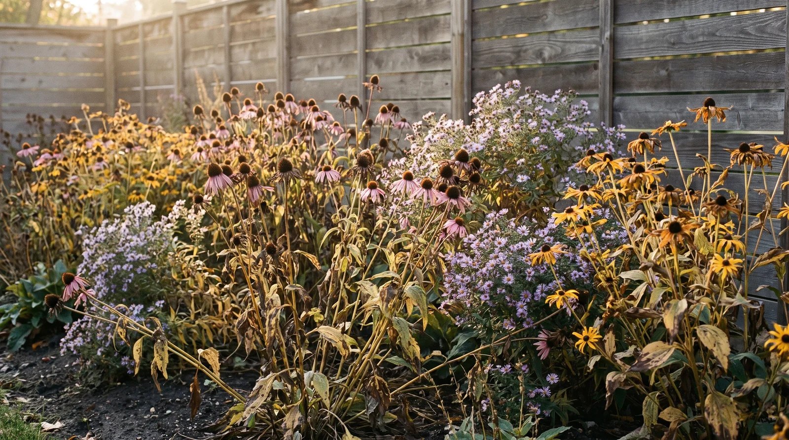 Autumn perennial border with coneflowers and asters in golden hour light