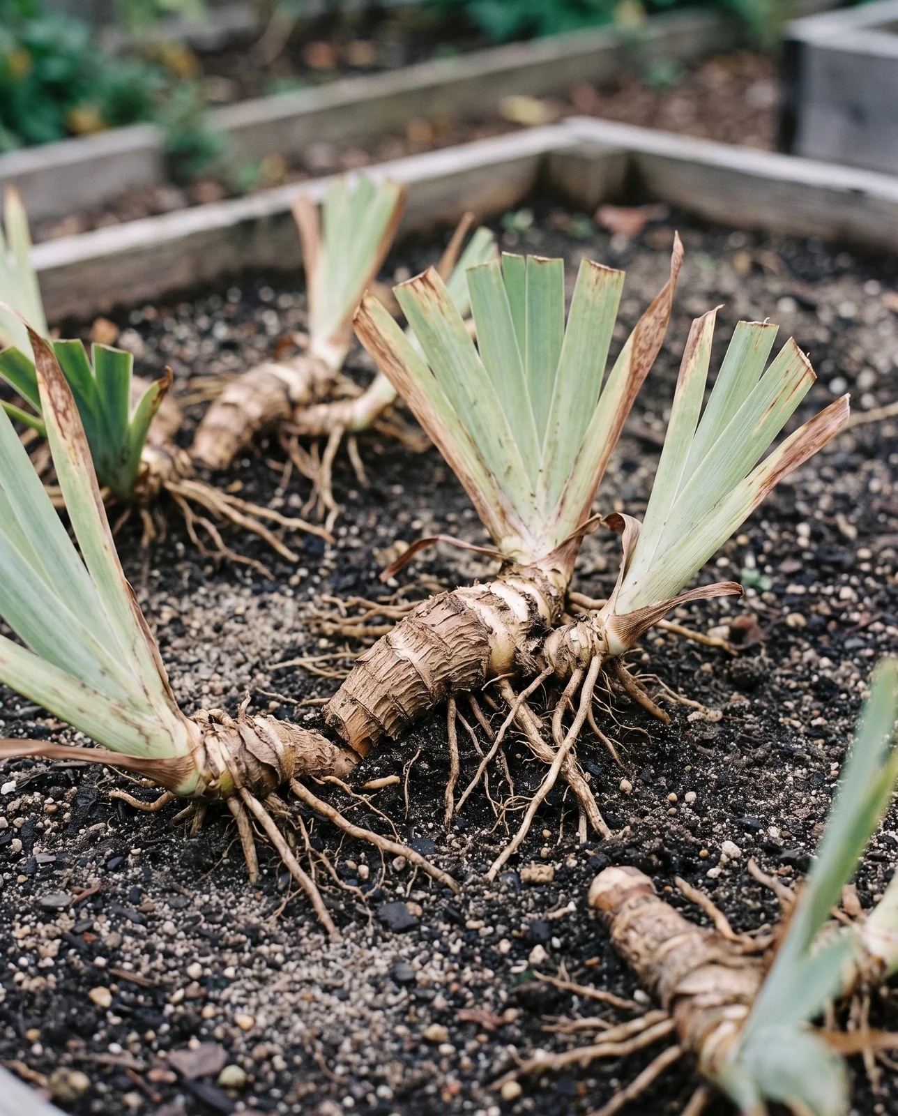 Shallowly planted bearded iris rhizomes exposed to air in garden