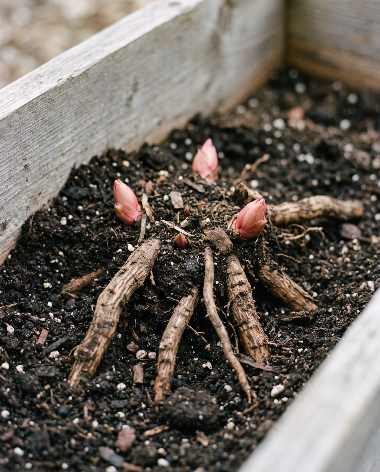 Bare-root peony crown planted at soil level in raised bed