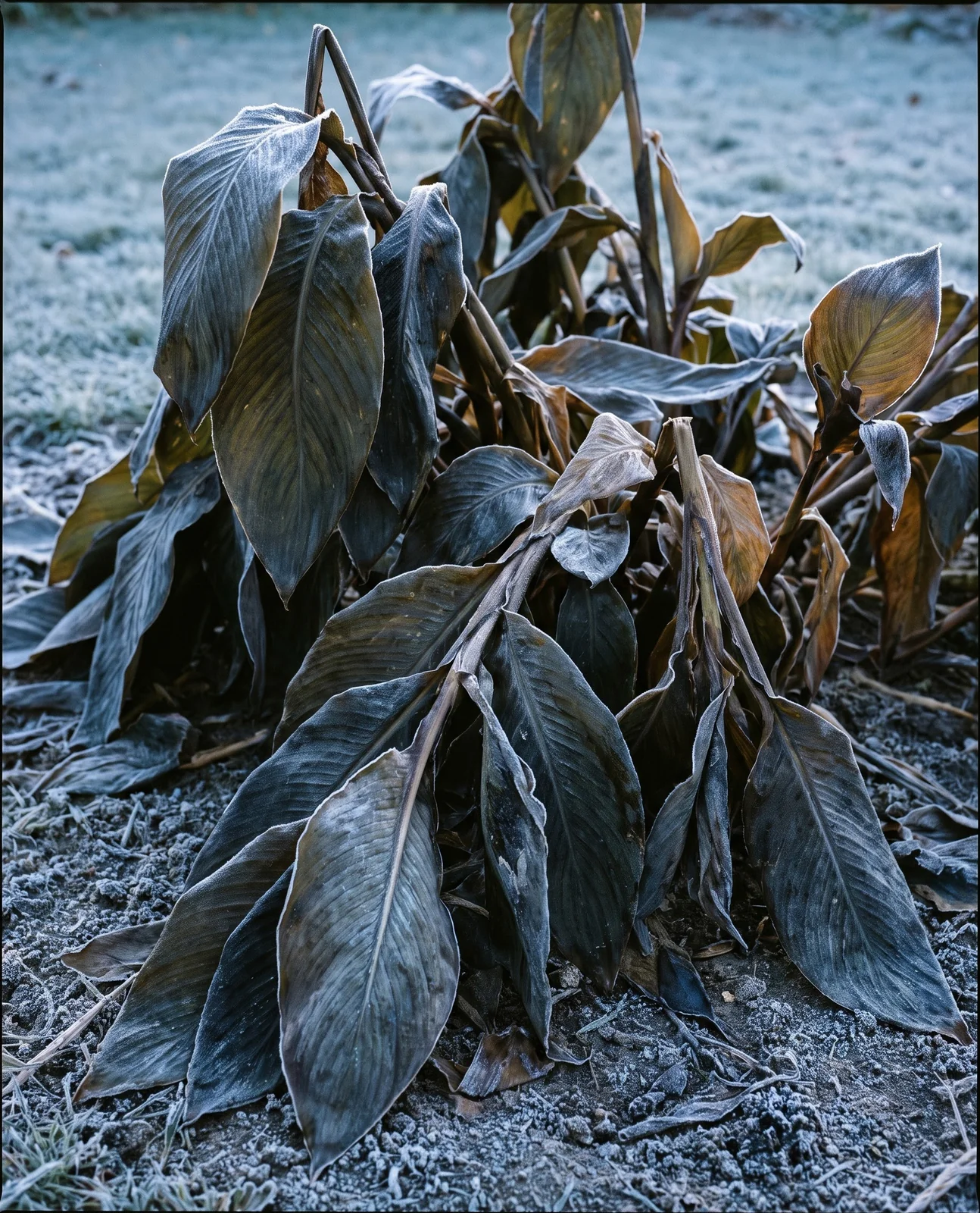Frost-blackened collapsed canna lily foliage after first autumn freeze