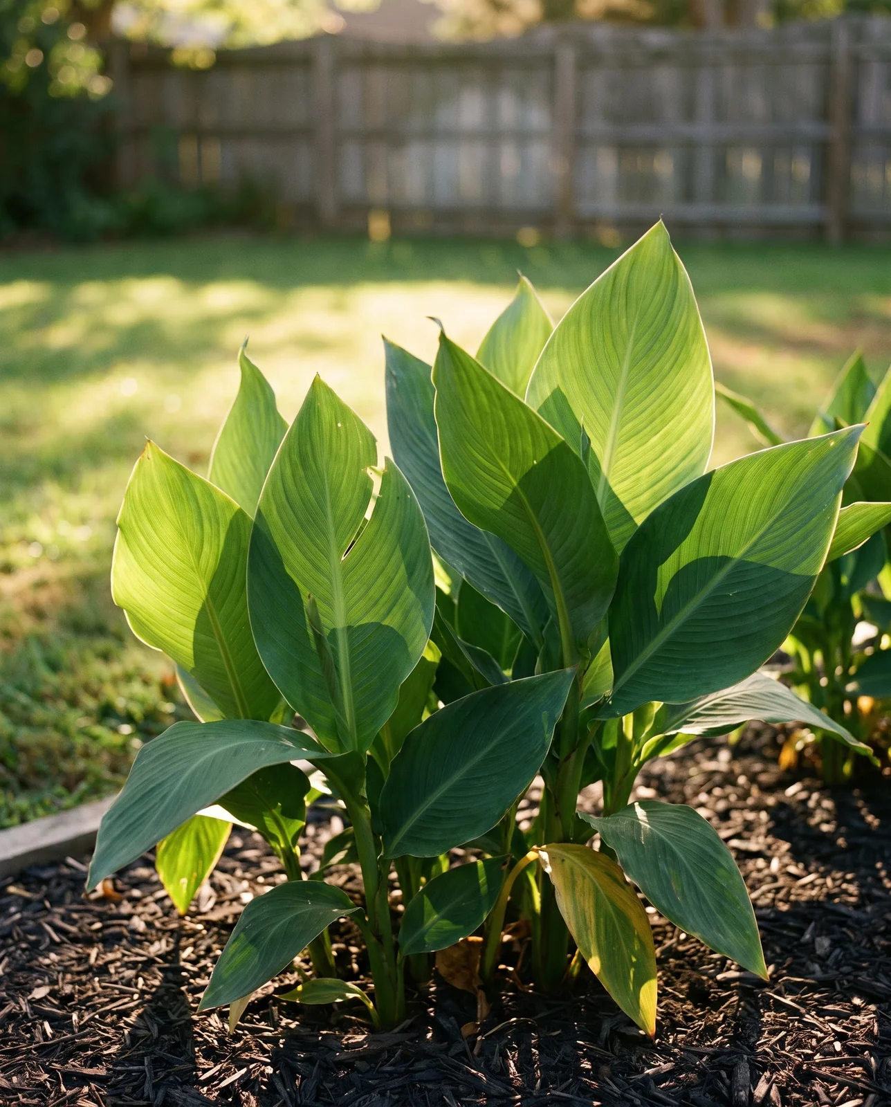 Healthy green canna lily leaves standing in late September border