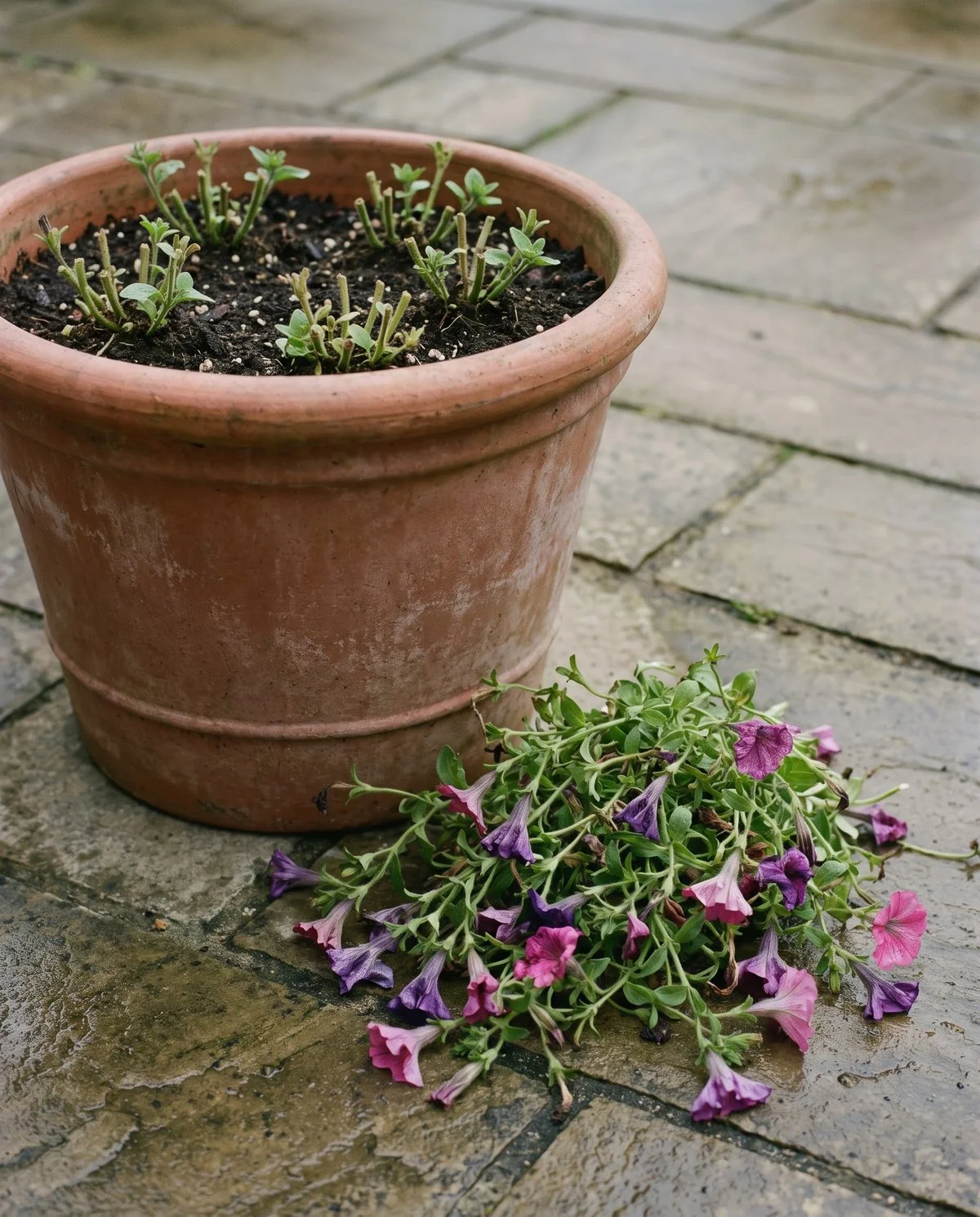 A petunia planter cut hard back in midsummer, short stubby stems with a few leaves left and cut material lying beside it