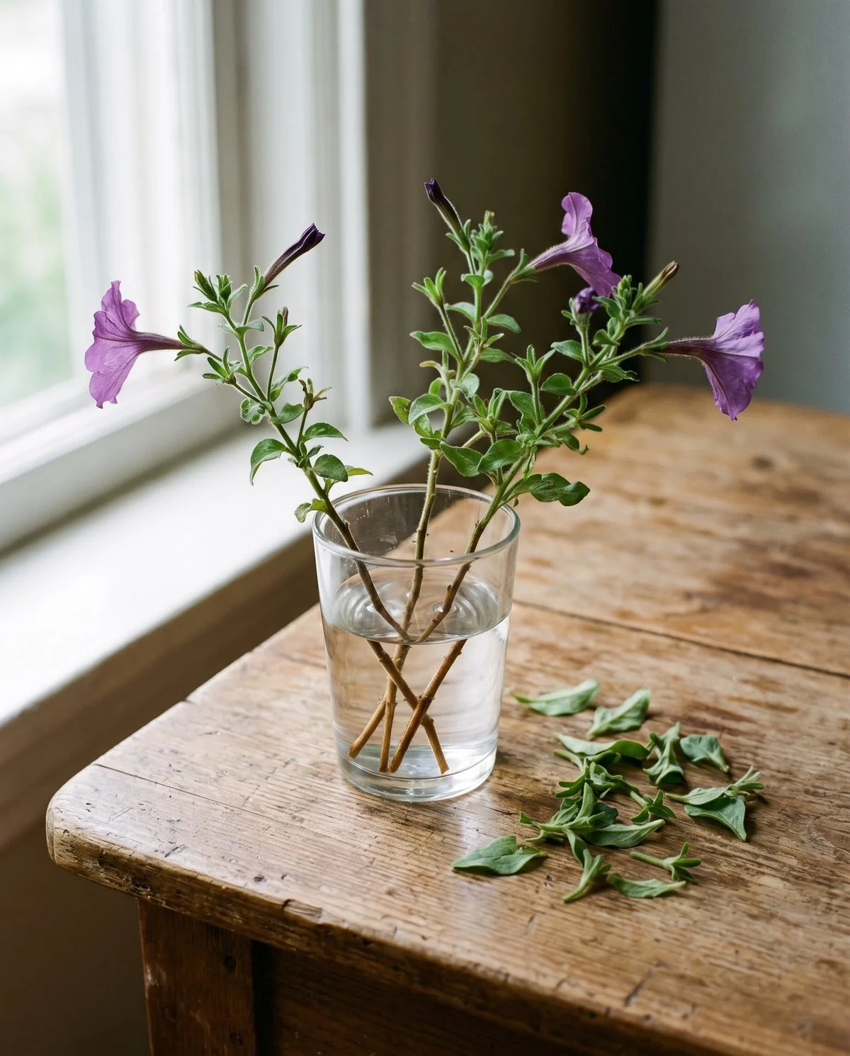 A few petunia stems in a small glass tumbler of water, every leaf below the waterline stripped away