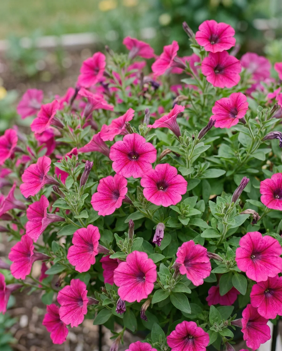 A floribunda petunia with flowers midway in size between the large and small types on a bushy branching plant