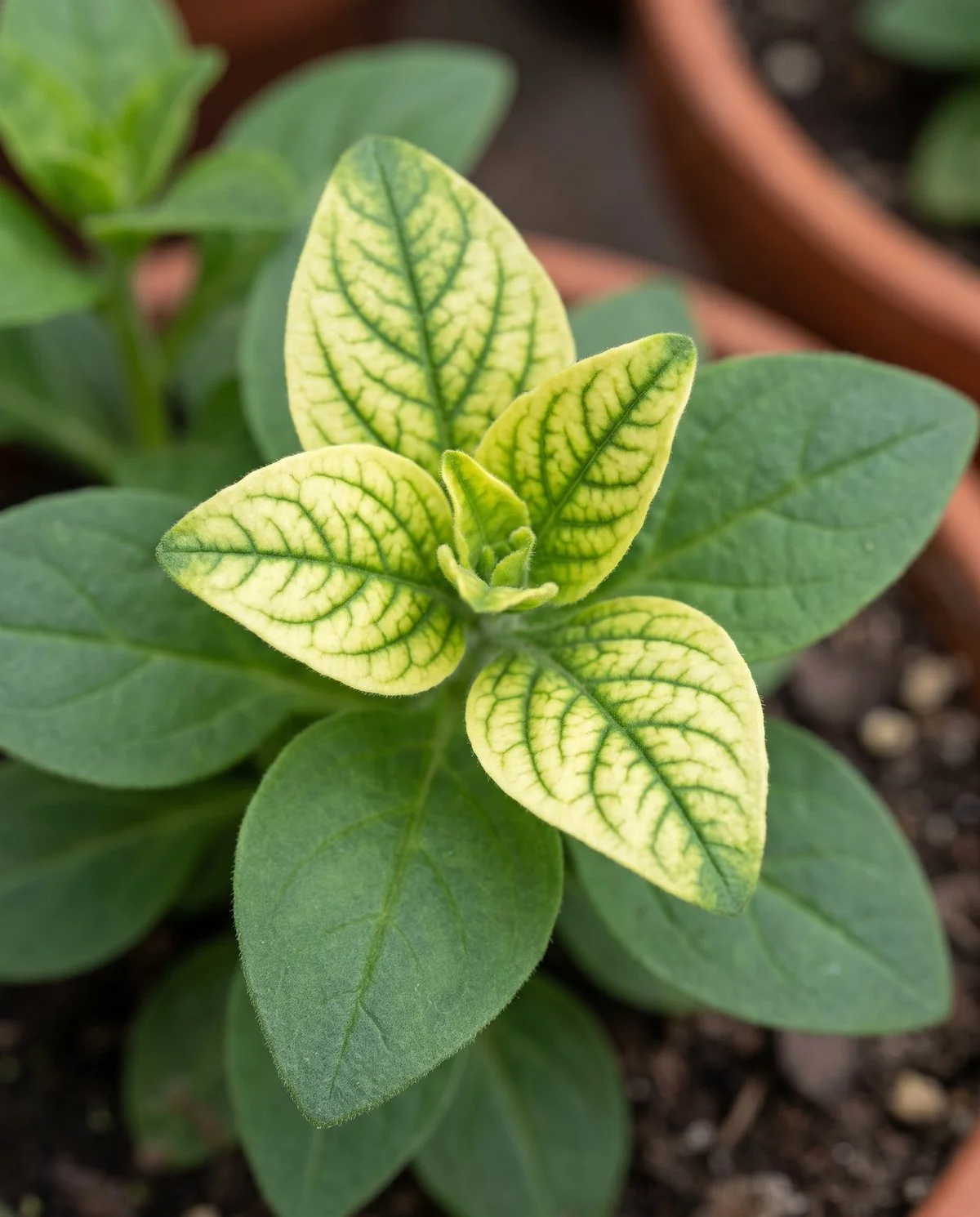 The youngest petunia leaves at the top of the plant yellowed between the veins while the veins themselves stay green