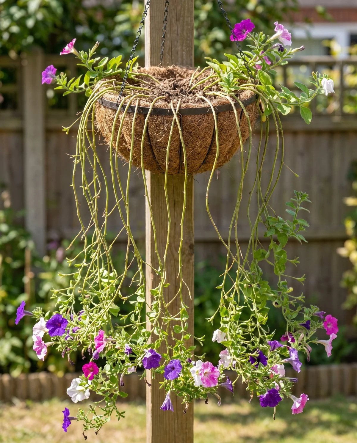 A midsummer petunia basket gone bare in the middle, long naked stems with flowers only at the very tips