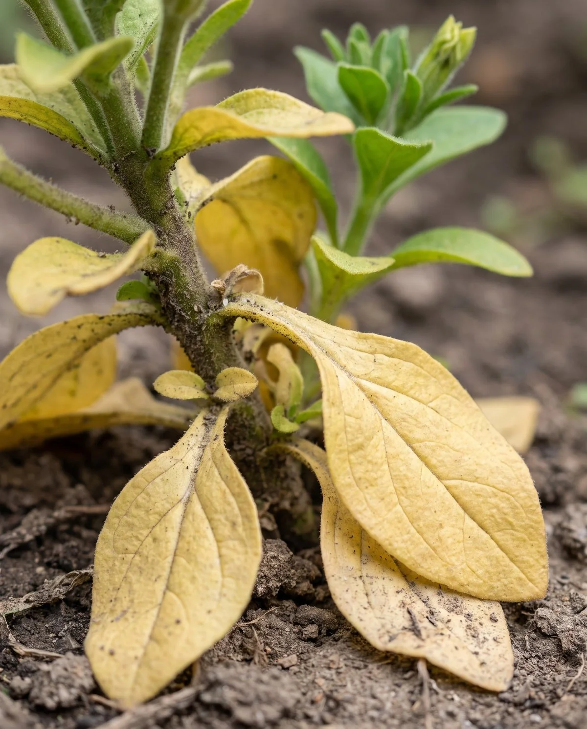 The oldest petunia leaves at the base of the plant yellowing all over, veins included, while the top stays green