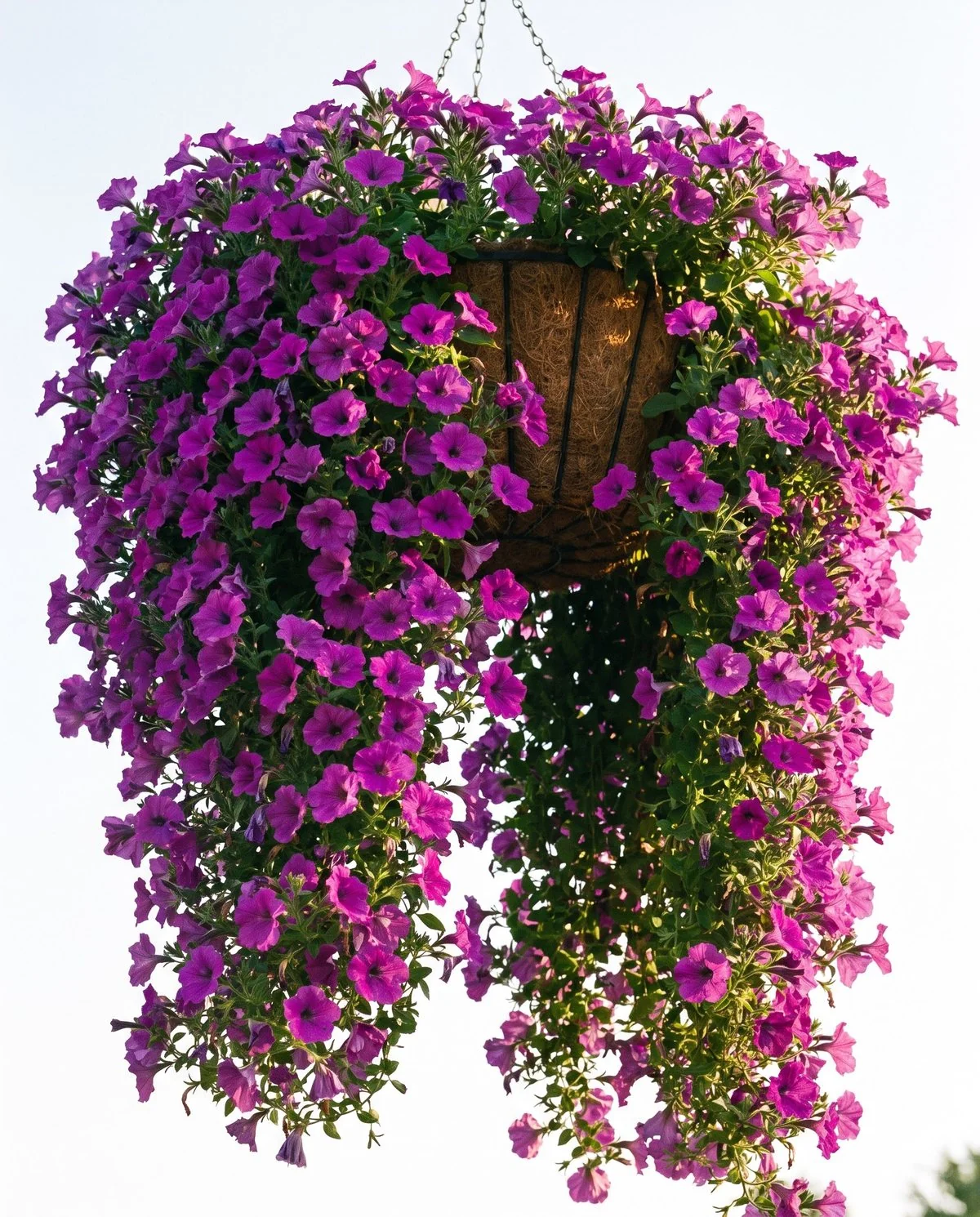 A spreading petunia trailing well over two feet down from a hanging basket, foliage hidden under solid bloom