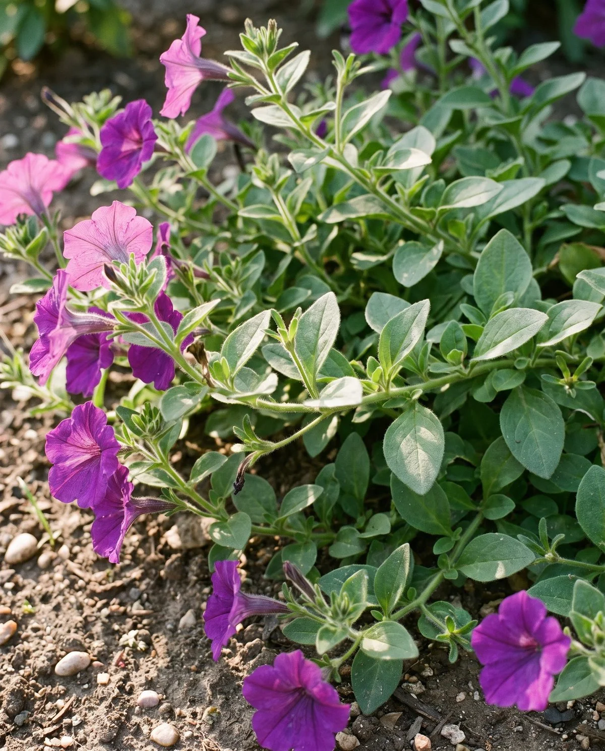 A true petunia showing soft fuzzy oval leaves on sprawling stems below broad fused trumpet flowers