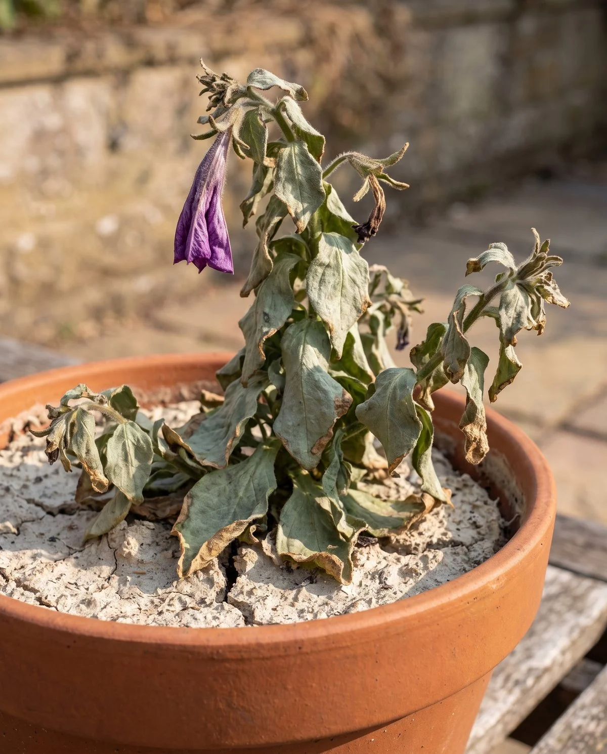 A petunia wilted over dry shrunken soil, its leaves papery and curled at the edges rather than soft