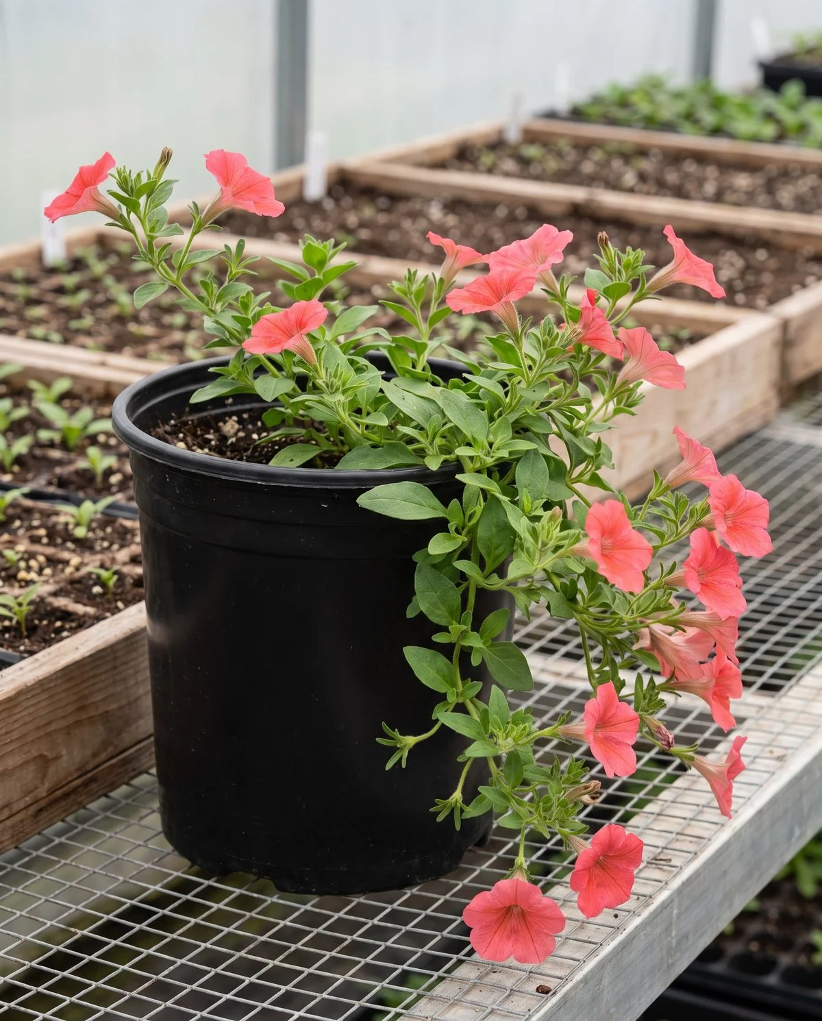 A young cutting-grown petunia in a nursery pot with no spent blooms or seedpods anywhere on the plant