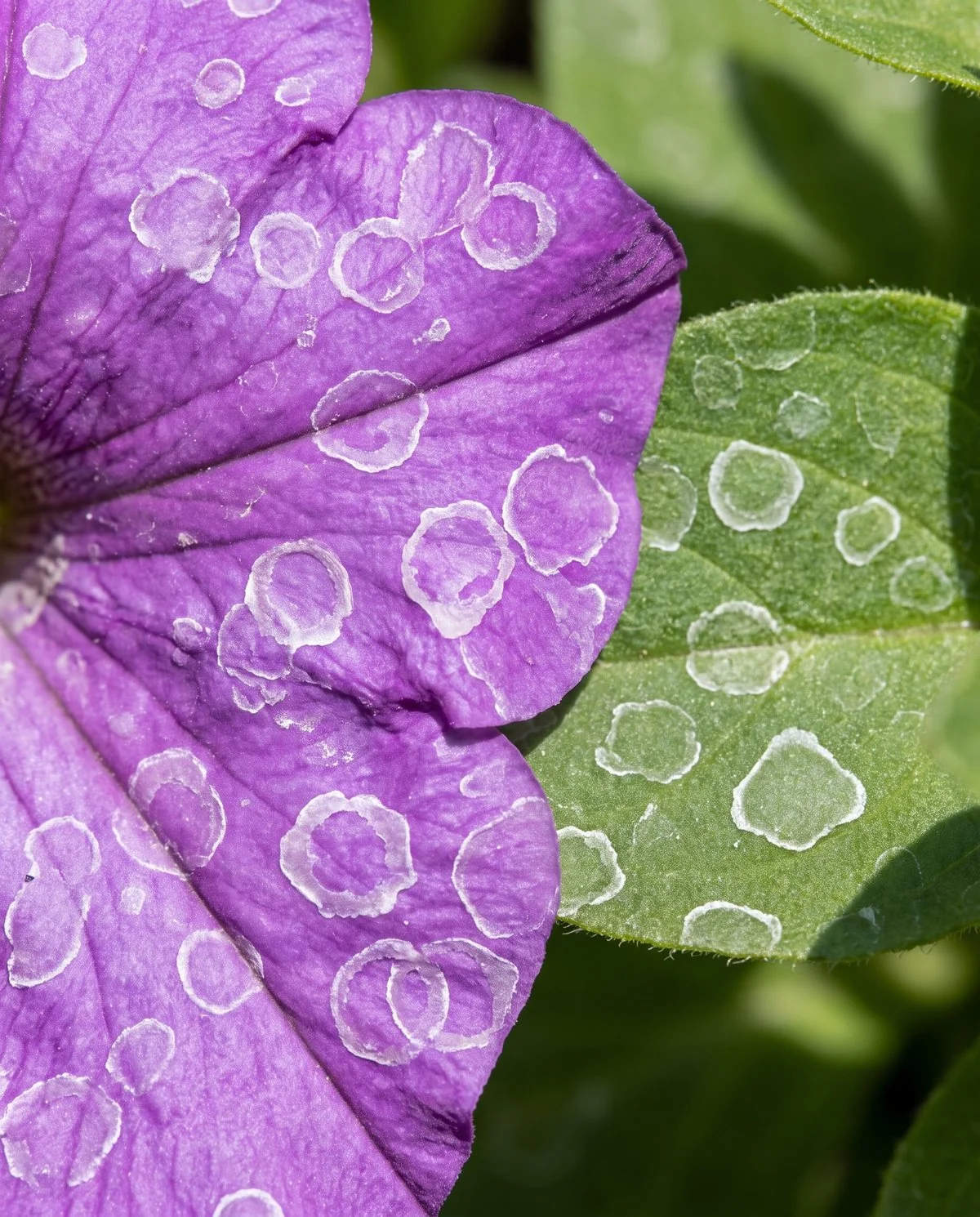 Pale chalky mineral rings left on a petunia petal and leaf where hard tap water dried in the sun