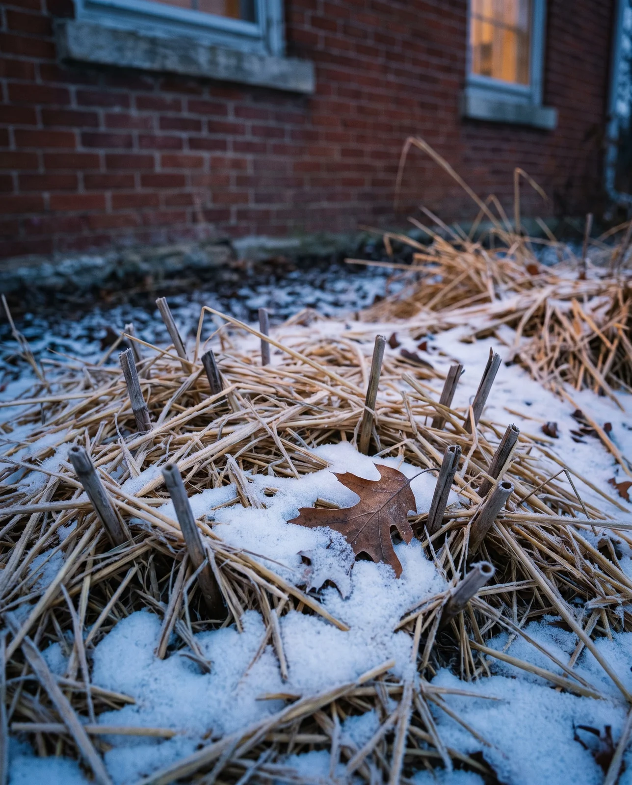 Mulched peony bed protected by straw and light winter snow