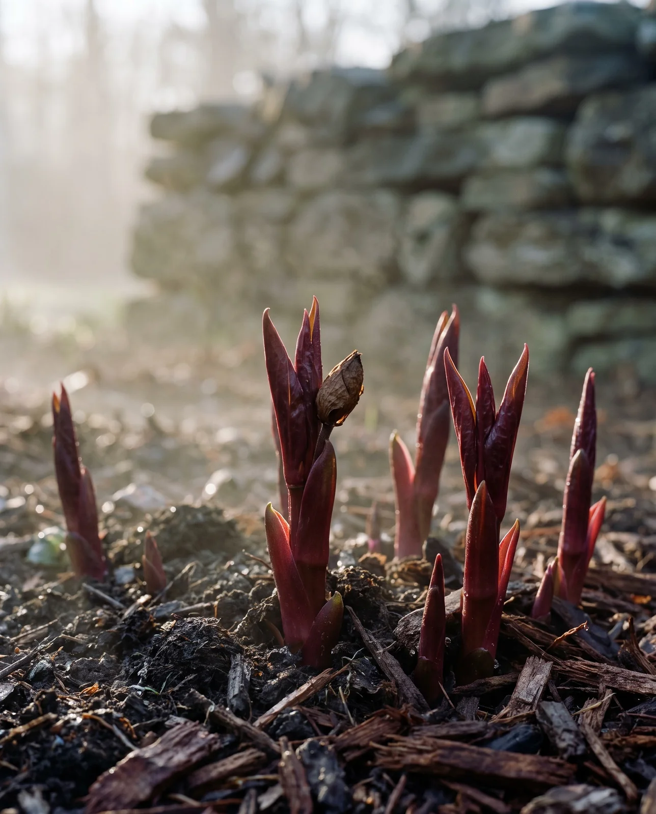 Red peony shoots emerging through mulch in early spring