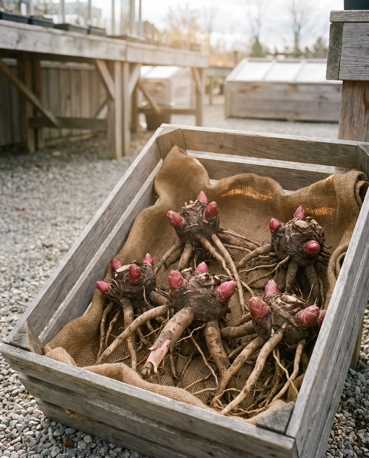 Bare-root peony divisions displayed on burlap in nursery crate