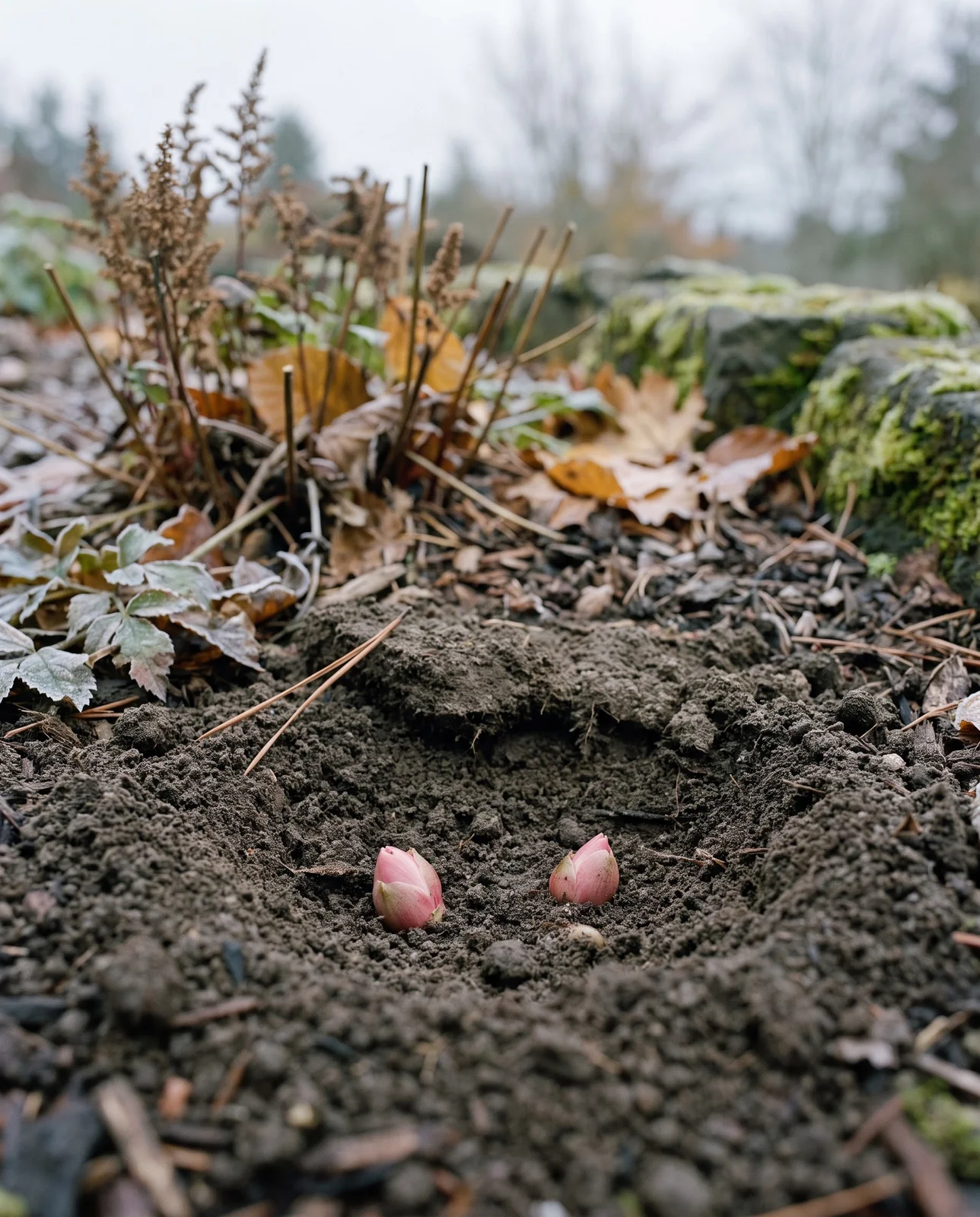 Freshly planted peony crown showing proper depth in garden soil