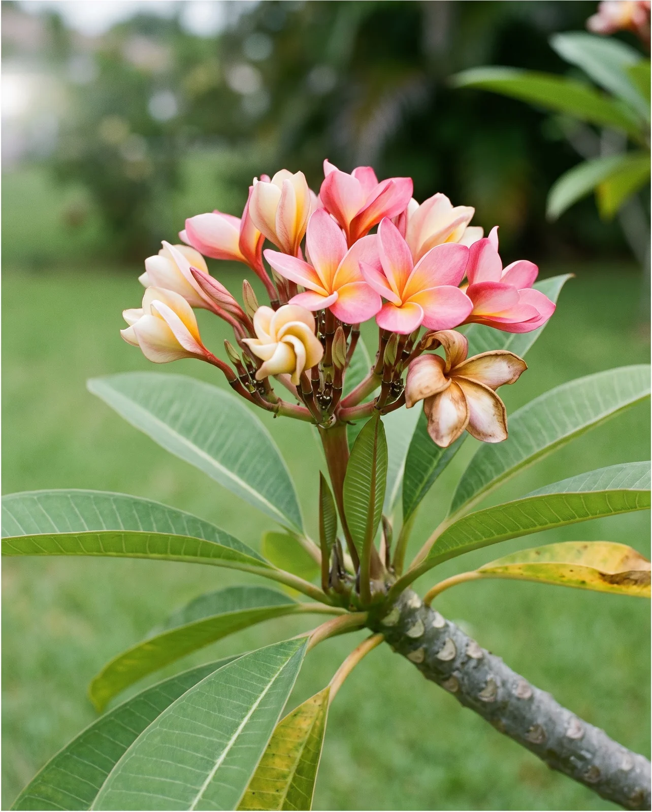 A plumeria inflorescence showing furled buds, half-open and fully open flowers and one spent flower on the same stalk