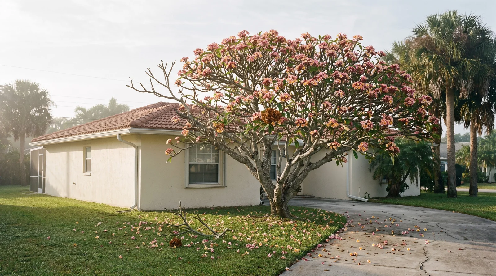 Wide view of a mature plumeria tree in bloom beside a single-story house, its crown level with the roof