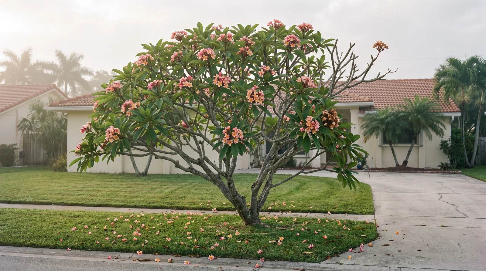 Wide view of a mature plumeria tree in full bloom in a South Florida front yard with a stucco house and palms