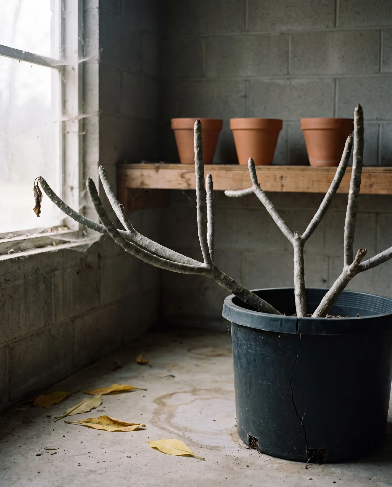 A leafless potted plumeria standing in a cool garage by a window in winter with dropped leaves on the floor