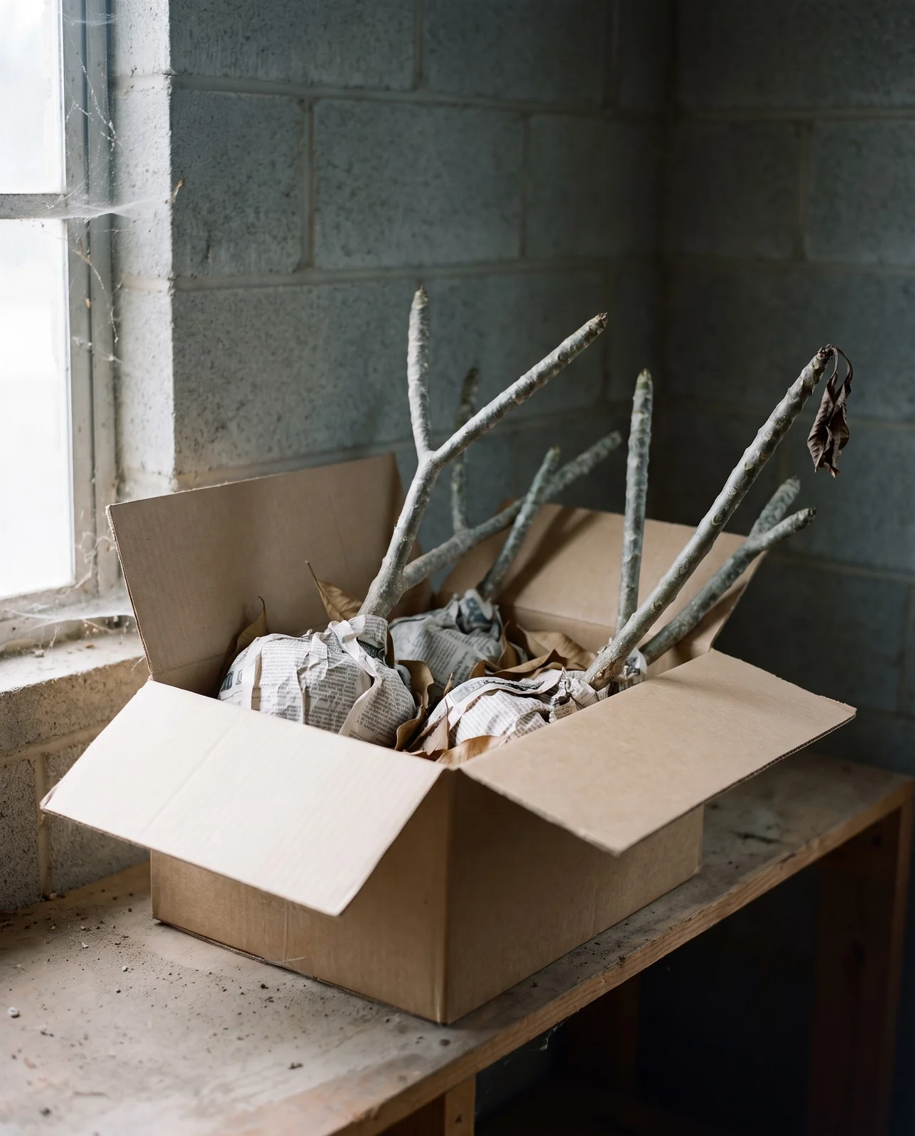 Bare-root plumeria plants lying in a cardboard box on a garage shelf with their roots wrapped in newspaper