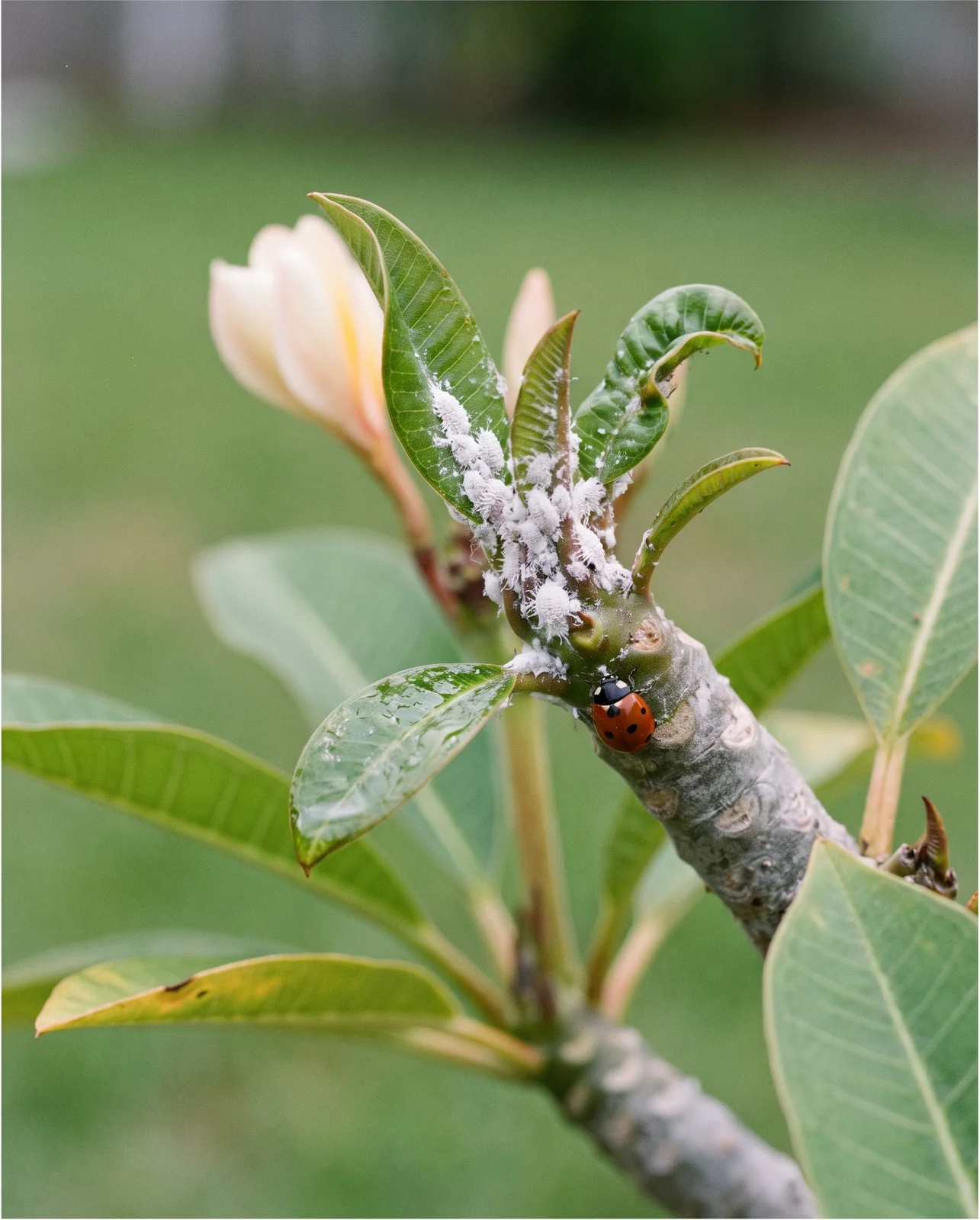 White cottony mealybugs clustered at a plumeria branch tip among the young leaves with a ladybug below