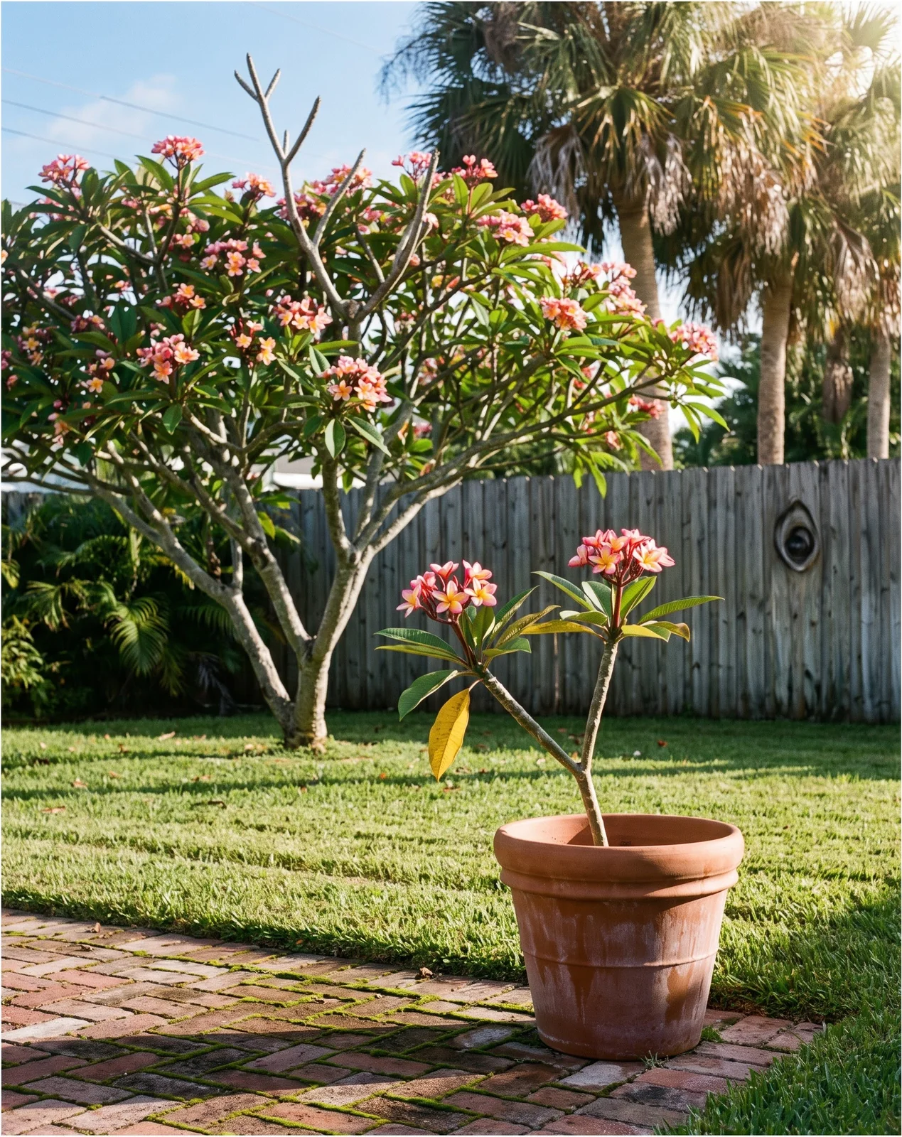 A potted plumeria on a patio beside a larger in-ground plumeria tree in the same yard
