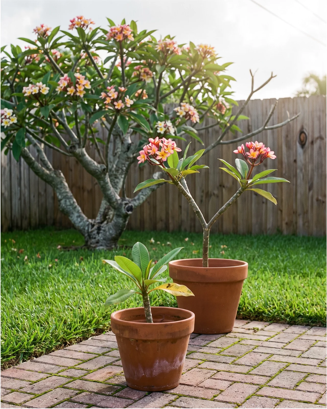 Three plumerias of different ages on a patio: a rooted cutting, a young branched plant and a mature blooming tree