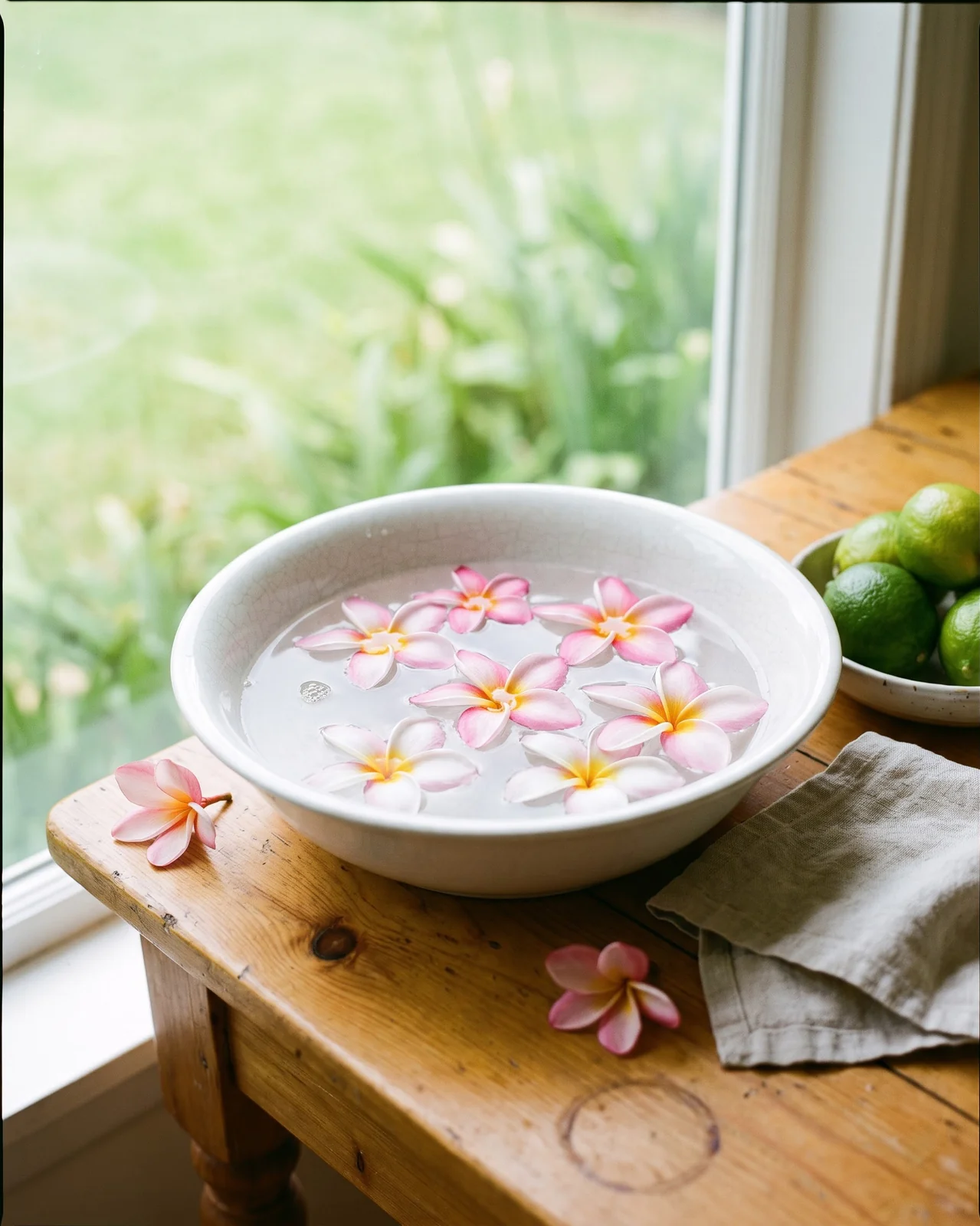 Pink and white plumeria flowers floating in a shallow bowl of water on a wooden table by a window